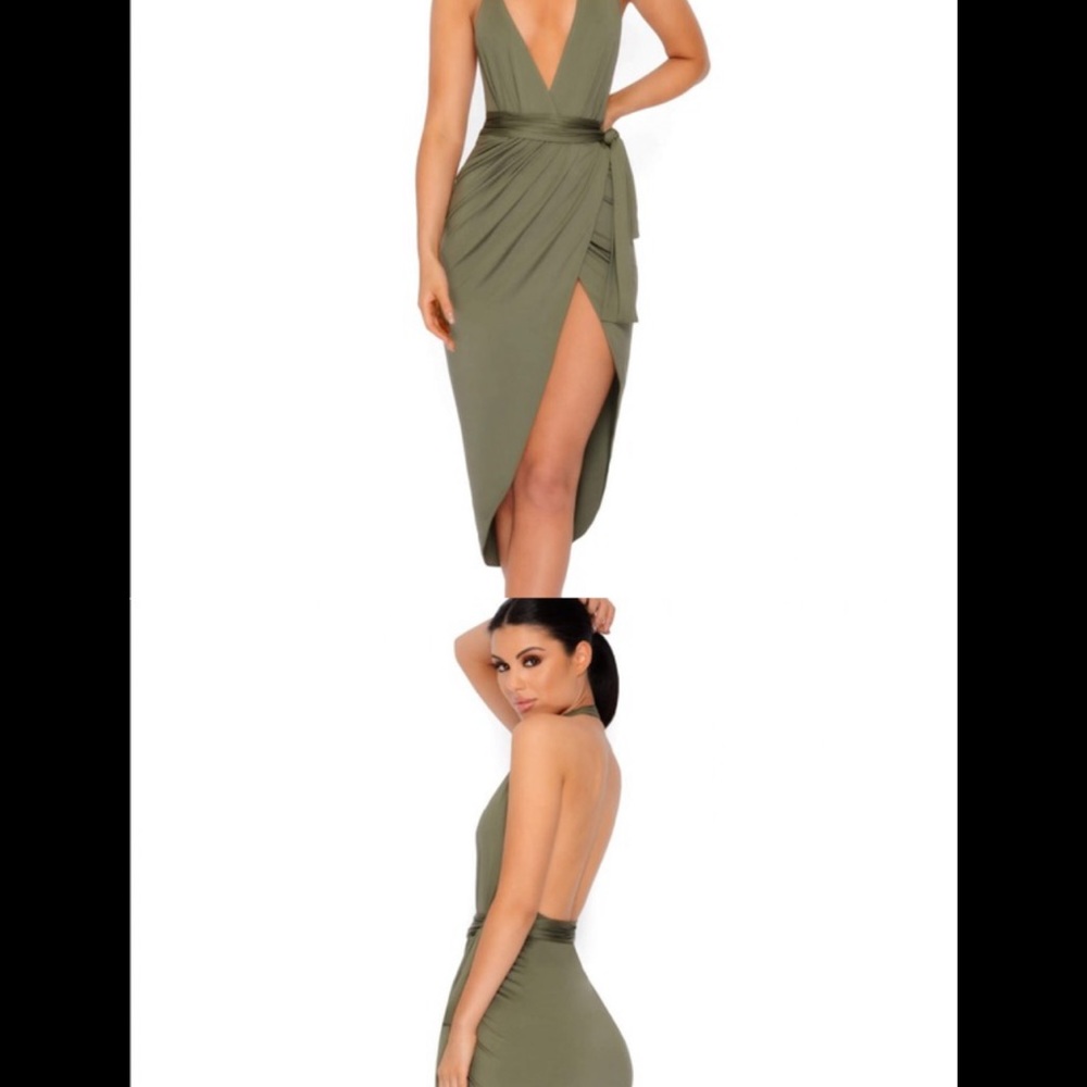 Olive green tight wrap dress midi